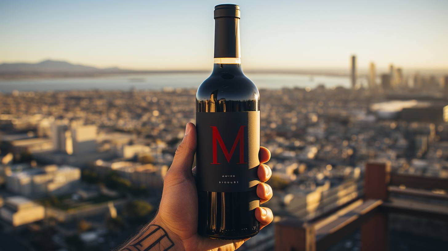 Bottiglia di vino Citiculture tenuta controluce con lo skyline urbano al tramonto sullo sfondo