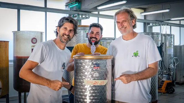 Tre persone in cantina accanto al tino di acciaio, a vinificazione avviata