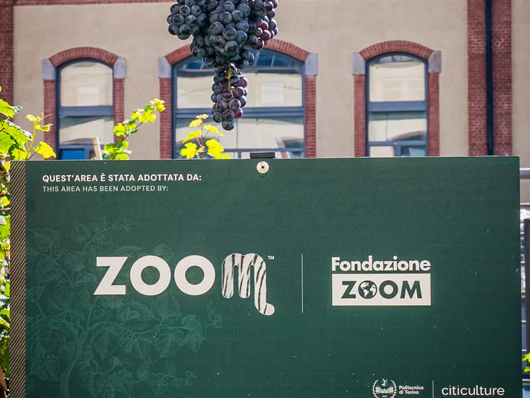Il cartello «Quest'area è stata adottata da:» con il logo ZOOM e Fondazione ZOOM fra i filari