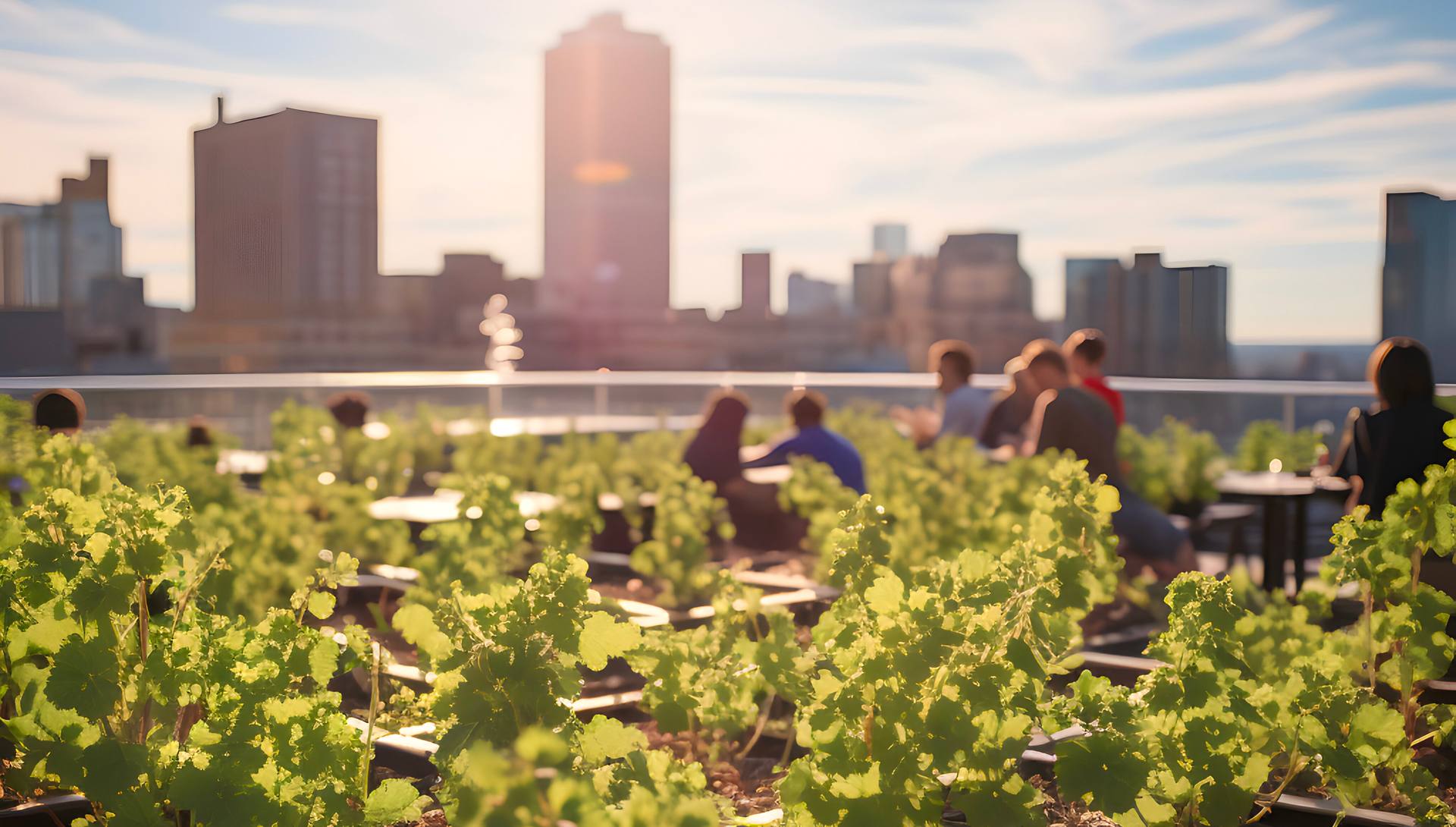 Vigna urbana su rooftop con persone e skyline della città al tramonto