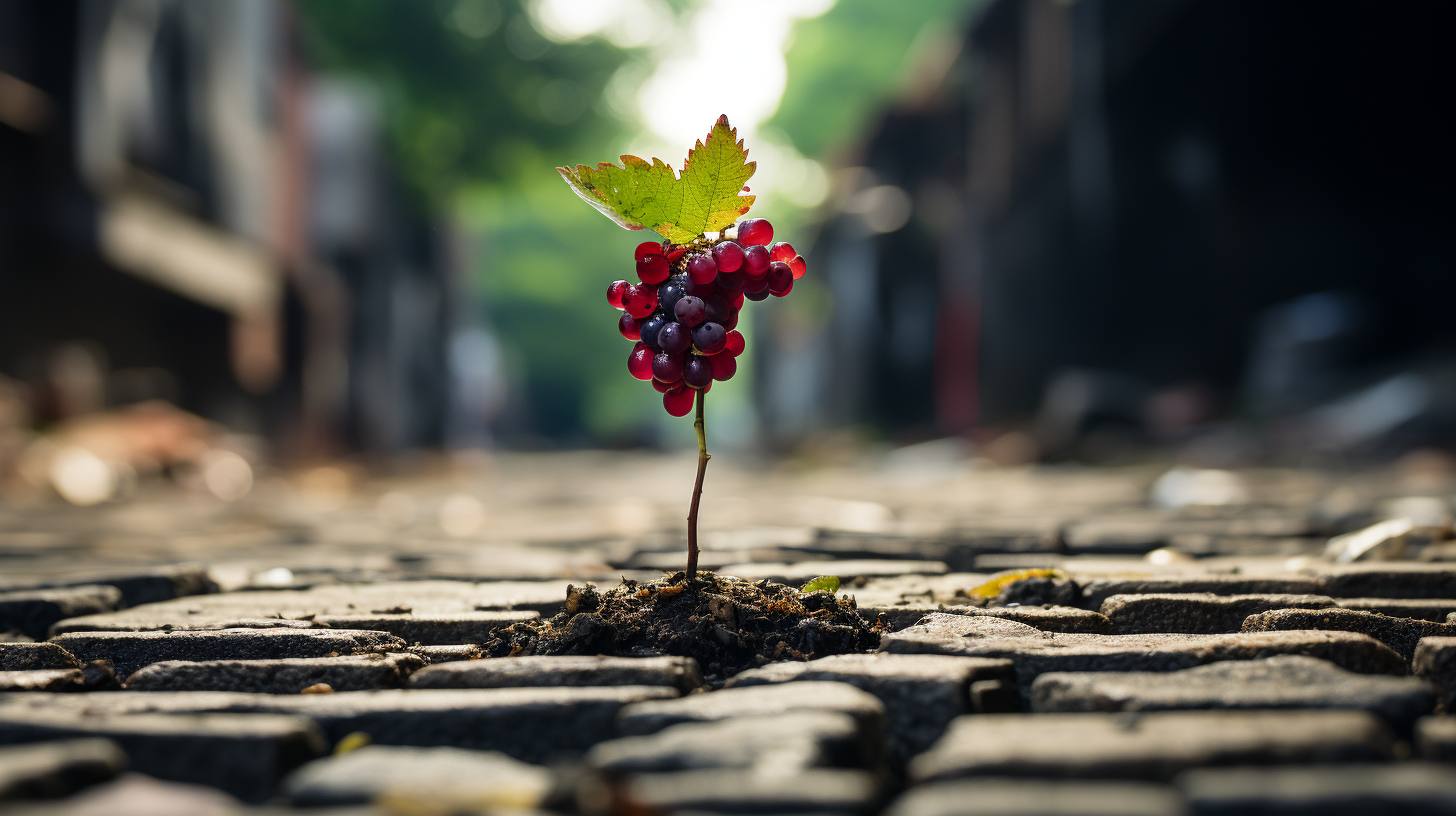 Grappolo d'uva e foglia di vite che spuntano dal selciato urbano